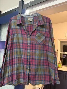 Natural Reflections Plaid Button-Down Shirt - Pink & Olive & Blue